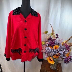Nicole Marie Red Cardigan Black Lace Trim Button Front Vintage Chic